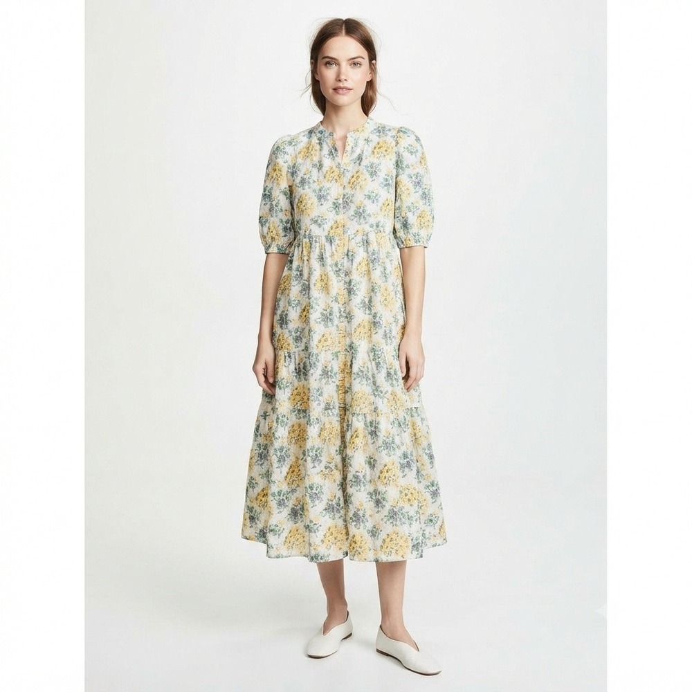 Paul & Joe x Uniqlo Floral Seersucker Tiered Midi Dress Yellow Blue White Small
